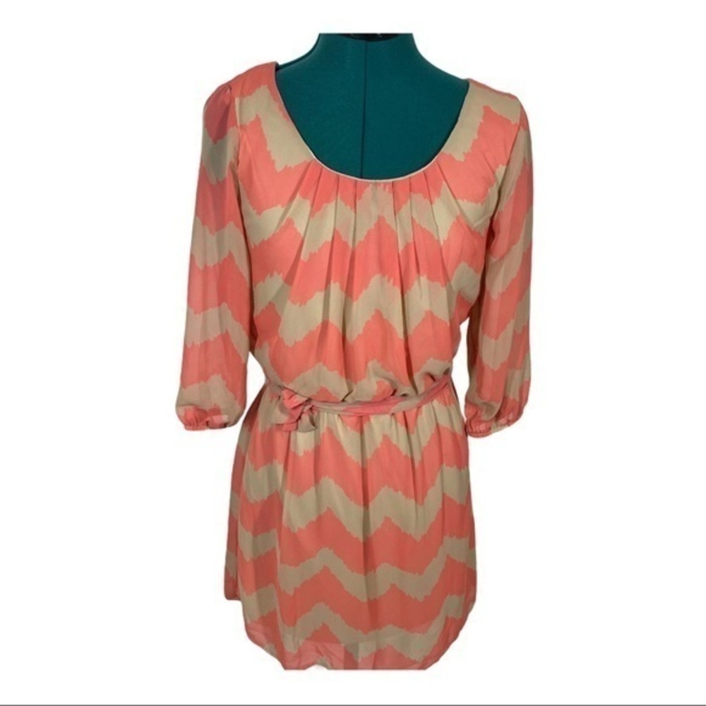 Lily Rose Shirt Dress Pink Tan 3/4 Sleeve Casual‎ Mini Size S